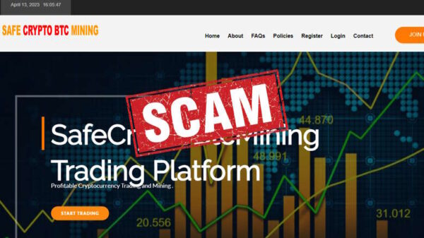 Safe Crypto BTC Mining scam page header.