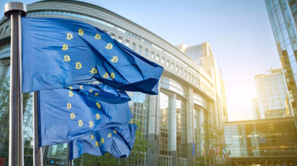 EU MiCA crypto regulations. European Parliament with Bitcoin flags.